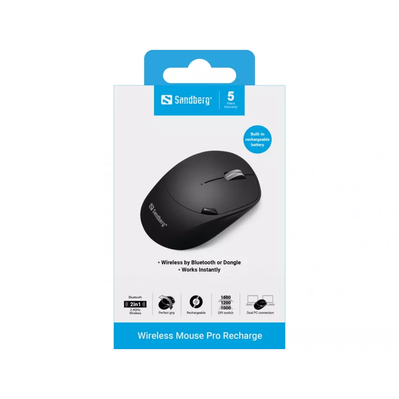 Mouse wireless Sandberg Pro Recharge mouse senza fili RF Wireless + Bluetooth