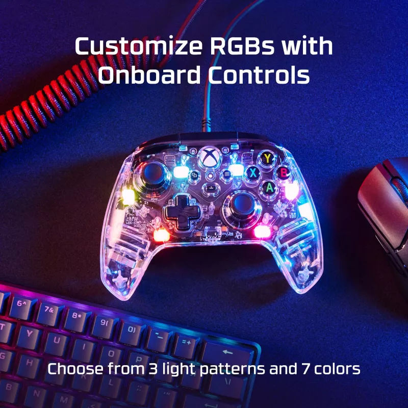 HyperX Clutch Gladiate – controller gaming RGB con filo – Xbox, gamepad, Xbox One, Xbox Series X, con filo, USB, USB Type-A, USB Type-C, trasparente