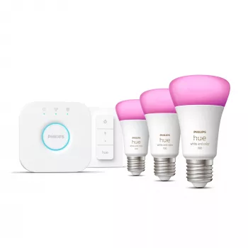 Kit illuminazione smart Philips Hue White and Colour Ambience Starterkit – 3 lampadine E27 11W, Bluetooth/Zigbee, dimmer