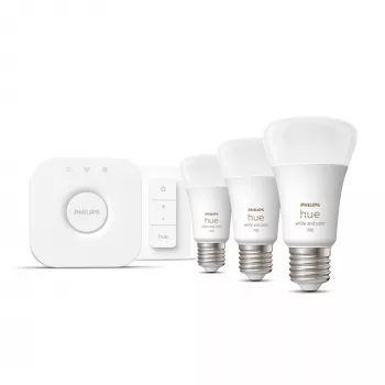 Kit illuminazione smart Philips Hue White and Colour Ambience Starterkit – 3 lampadine E27 11W, Bluetooth/Zigbee, dimmer