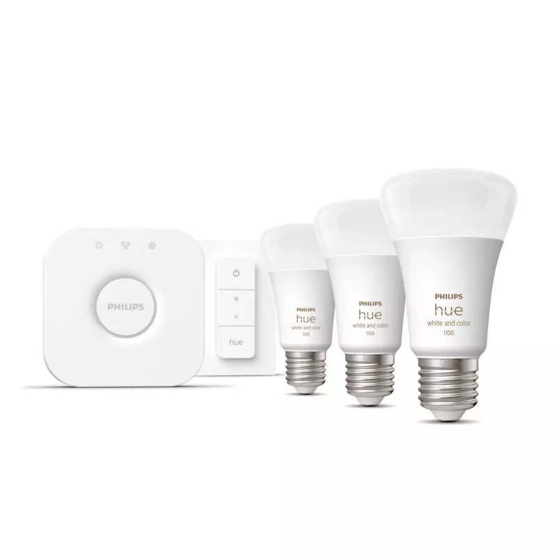 Kit illuminazione smart Philips Hue White and Colour Ambience Starterkit – 3 lampadine E27 11W, Bluetooth/Zigbee, dimmer