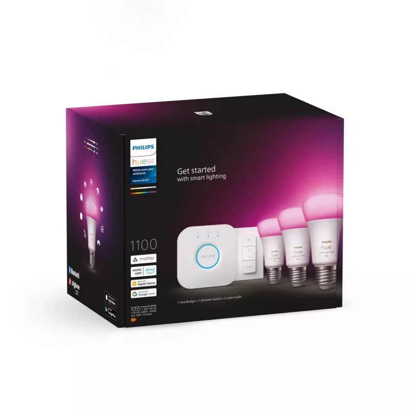 Kit illuminazione smart Philips Hue White and Colour Ambience Starterkit – 3 lampadine E27 11W, Bluetooth/Zigbee, dimmer