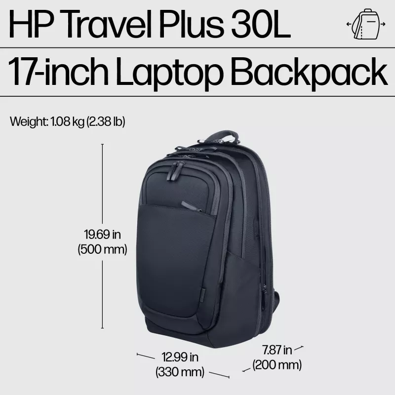 HP Travel Plus zaino per laptop da 30 l, 17,3 pollici (43,9 cm), espandibile a 35 l, tasca con blocco RFID, 1,08 kg, blu grafite
