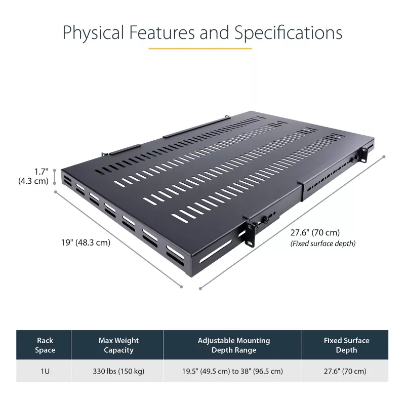 StarTech.com ADJSHELFHDV ripiano 1U regolabile ventilato per rack server, heavy duty, 150 kg, profondità di montaggio regolabile 49,5–97,4 cm (19,5–38 pollici), 19 pollici, nero