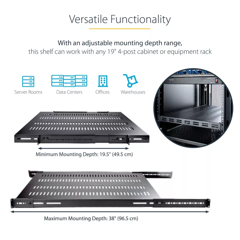 StarTech.com ADJSHELFHDV ripiano 1U regolabile ventilato per rack server, heavy duty, 150 kg, profondità di montaggio regolabile 49,5–97,4 cm (19,5–38 pollici), 19 pollici, nero