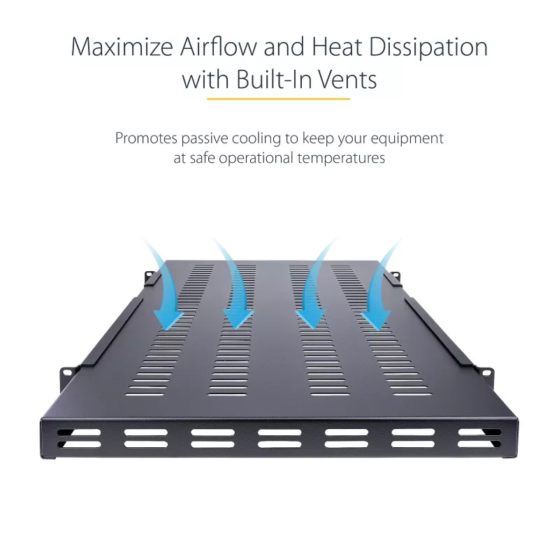 StarTech.com ADJSHELFHDV ripiano 1U regolabile ventilato per rack server, heavy duty, 150 kg, profondità di montaggio regolabile 49,5–97,4 cm (19,5–38 pollici), 19 pollici, nero