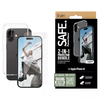PanzerGlass SAFE. by ® 2-in-1 Protection Bundle iPhone 16, Apple, Apple - iPhone 16, applicazione a secco, resistente ai graffi, resistente agli urti, trasparente, 1 pz.