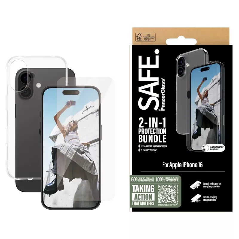 PanzerGlass SAFE. by ® 2-in-1 Protection Bundle iPhone 16, Apple, Apple - iPhone 16, applicazione a secco, resistente ai graffi, resistente agli urti, trasparente, 1 pz.