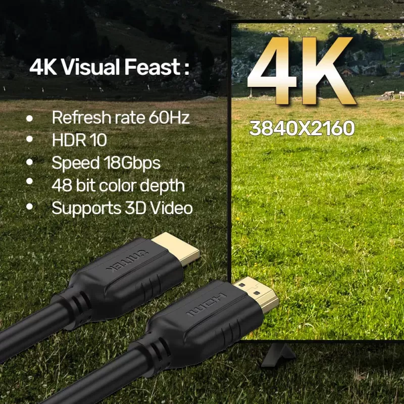 Unitek C11079BK-10M cavo HDMI 2.0, 4K 60 Hz, 10 m, HDMI Type A maschio-maschio, 18 Gbps, HDR, ARC, CEC, placcato oro, nero