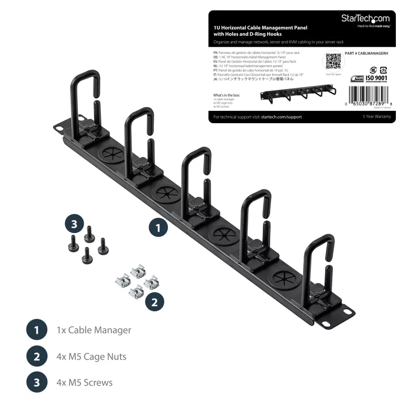 StarTech.com organizzatore per gestione cavi 1U 19 pollici – gancio a D per rack di rete/server – pannello orizzontale per cavi per data center con fori di passaggio, incl. materiale di montaggio – EIA/ECA-310-E