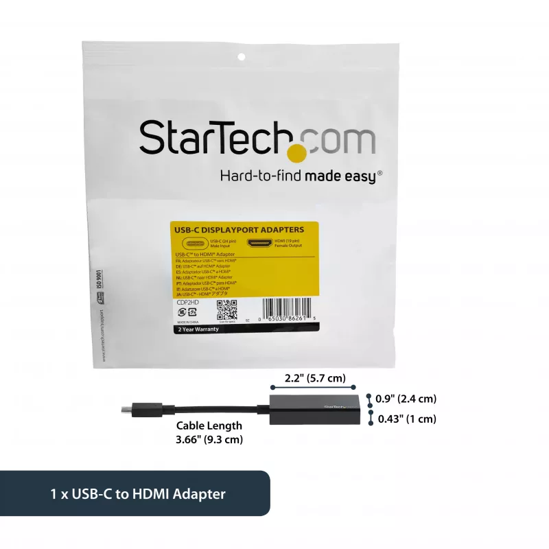 StarTech.com adattatore USB-C a HDMI con 4K 30Hz - nero, 3.2 Gen 2 (3.1 Gen 2), USB Type-C, uscita HDMI, 3840 x 2160 pixel