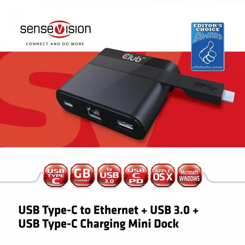 CLUB3D Mini dock USB Type-C a Ethernet + USB 3.0 + ricarica USB Type-C