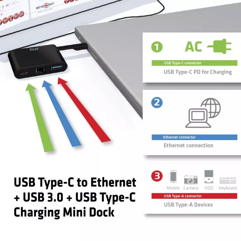 CLUB3D Mini dock USB Type-C a Ethernet + USB 3.0 + ricarica USB Type-C