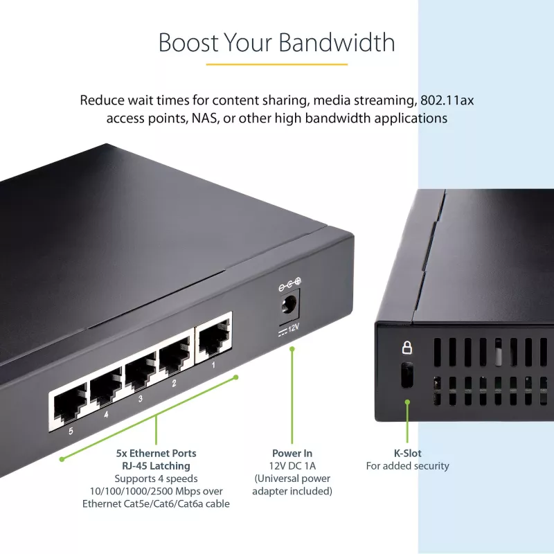 Switch non gestito 2.5G StarTech.com – Switch Gigabit 5 porte – Switch Ethernet non gestito 2.5GBASE-T – Splitter Ethernet – Montaggio su guida DIN o a parete – Multi-Gigabit – Auto-MDIX – 9K Jumbo