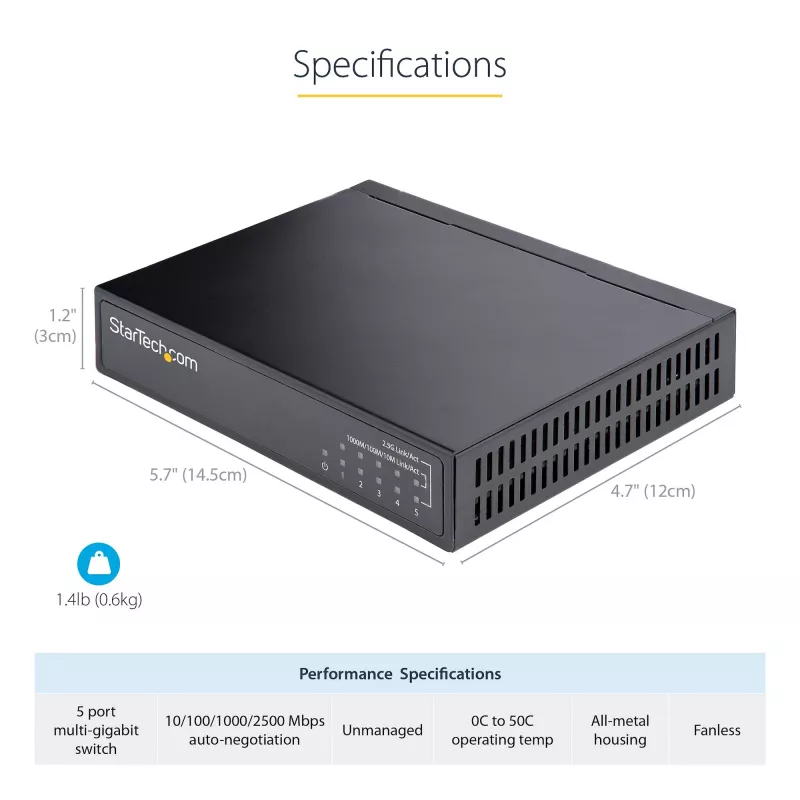 Switch non gestito 2.5G StarTech.com – Switch Gigabit 5 porte – Switch Ethernet non gestito 2.5GBASE-T – Splitter Ethernet – Montaggio su guida DIN o a parete – Multi-Gigabit – Auto-MDIX – 9K Jumbo