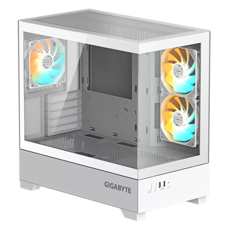 Case per PC GIGABYTE C201 PANORAMIC ICE – Mid Tower, m-ATX, supporto radiatore 360 mm, 3 ventole preinstallate, USB 3.0, supporto RGB Fusion
