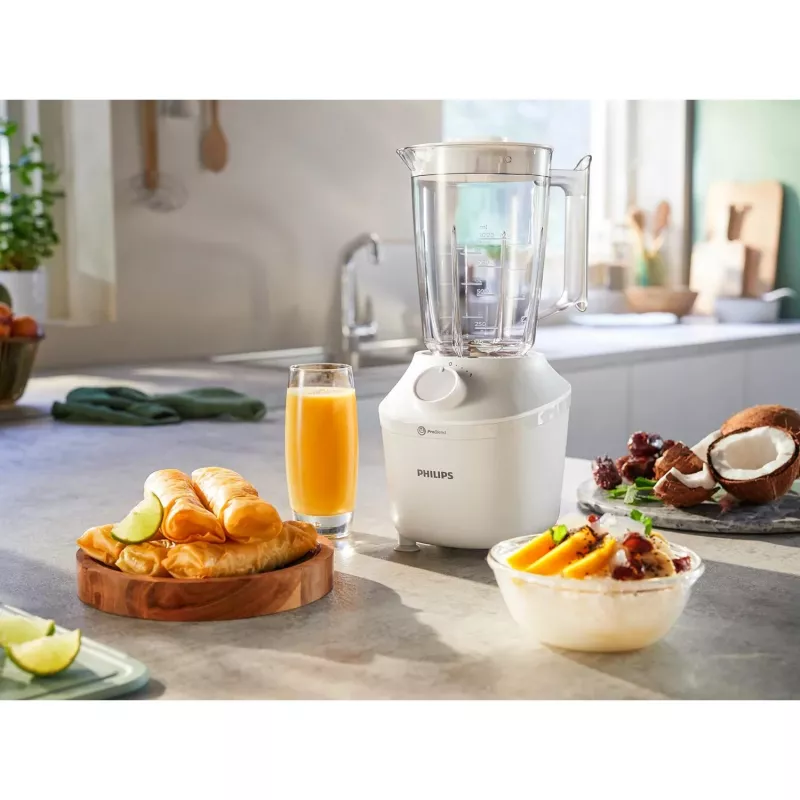 Frullatore da tavolo Philips HR2041/00 — 450 W, contenitore in plastica da 1,9 L, lame in acciaio inox, bianco