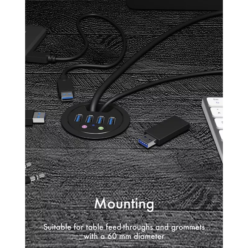 Hub da scrivania ICY BOX IB-HUB1403A, 4 porte USB 3.0, con ingresso/uscita audio, nero
