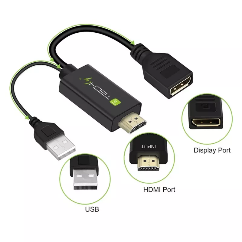 Techly ICOC-HDMI-DP12A adattatore da HDMI a DisplayPort con alimentazione USB, 4K 30 Hz