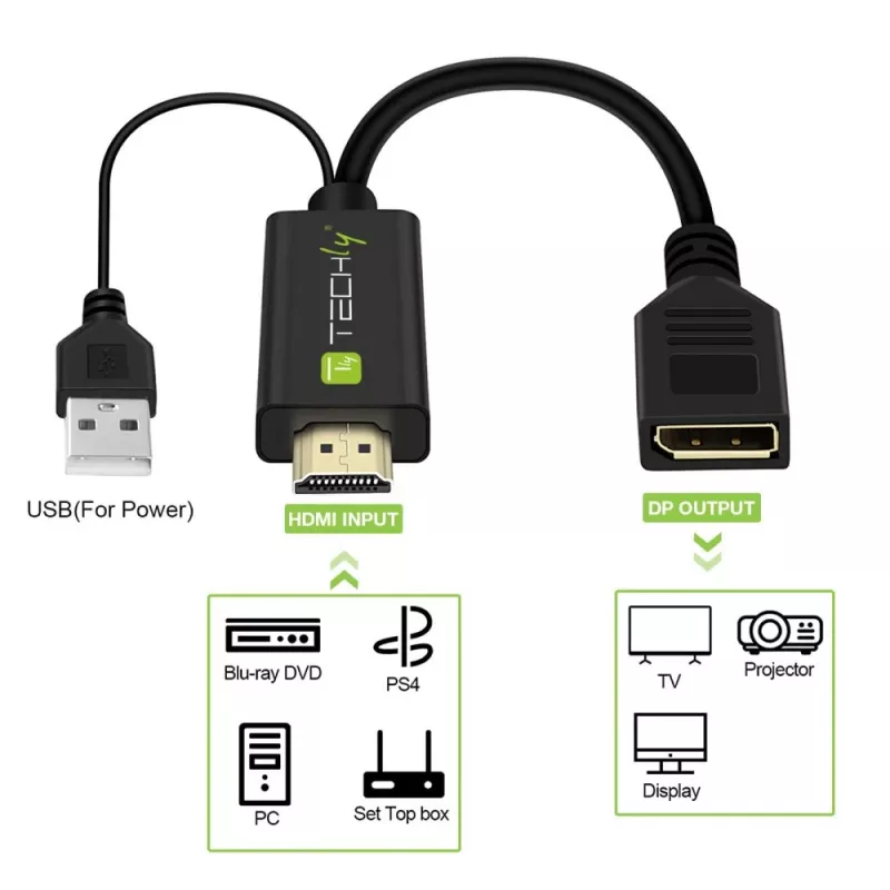Techly ICOC-HDMI-DP12A adattatore da HDMI a DisplayPort con alimentazione USB, 4K 30 Hz