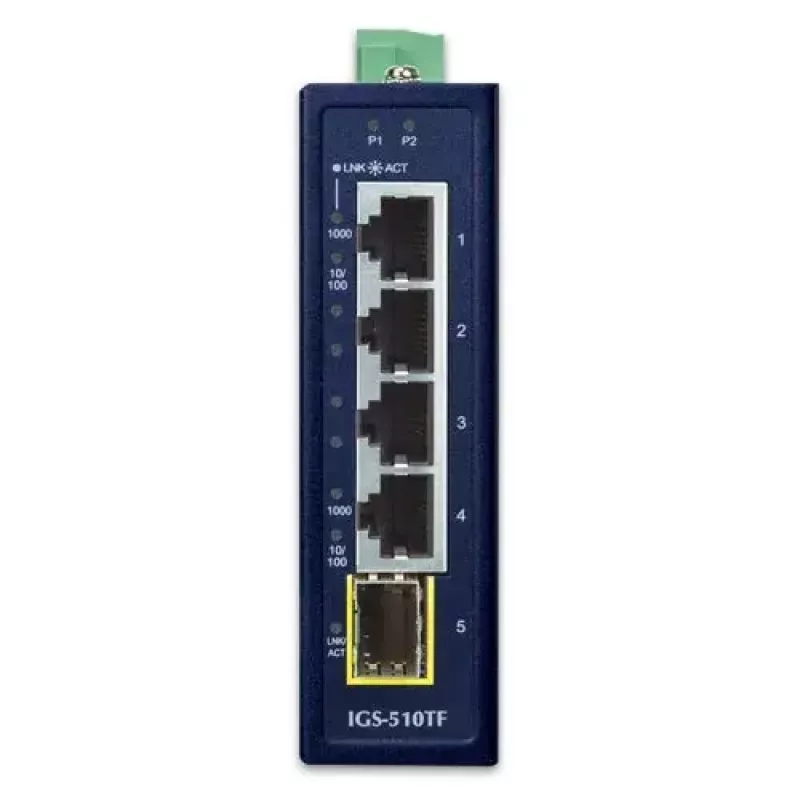 Switch Gigabit Ethernet unmanaged PLANET IGS-510TF — 4 x 10/100/1000 Mbps, switching 10 Gbit/s, 9–48V DC, montaggio a parete