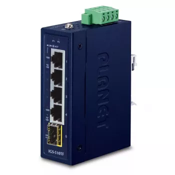 Switch Gigabit Ethernet unmanaged PLANET IGS-510TF — 4 x 10/100/1000 Mbps, switching 10 Gbit/s, 9–48V DC, montaggio a parete