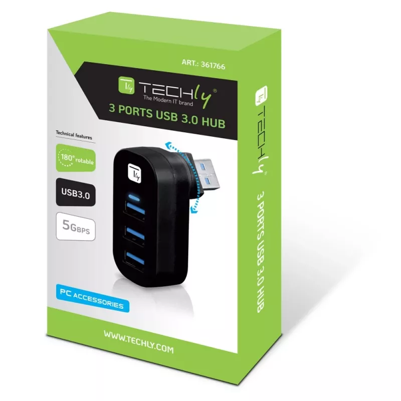 Hub interfaccia Techly IUSB3-HUB3-ROTB USB 3.2 Gen 1 (3.1 Gen 1) Type-A 5000 Mbit/s nero