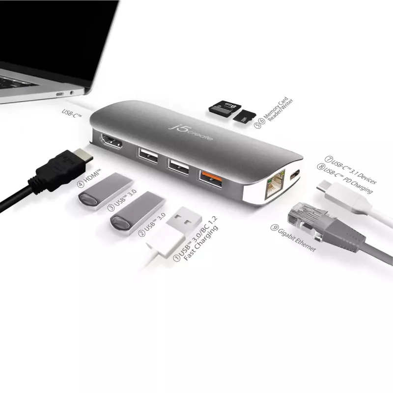 j5create JCD383 adattatore multi 9-in-1 USB-C™, argento e bianco