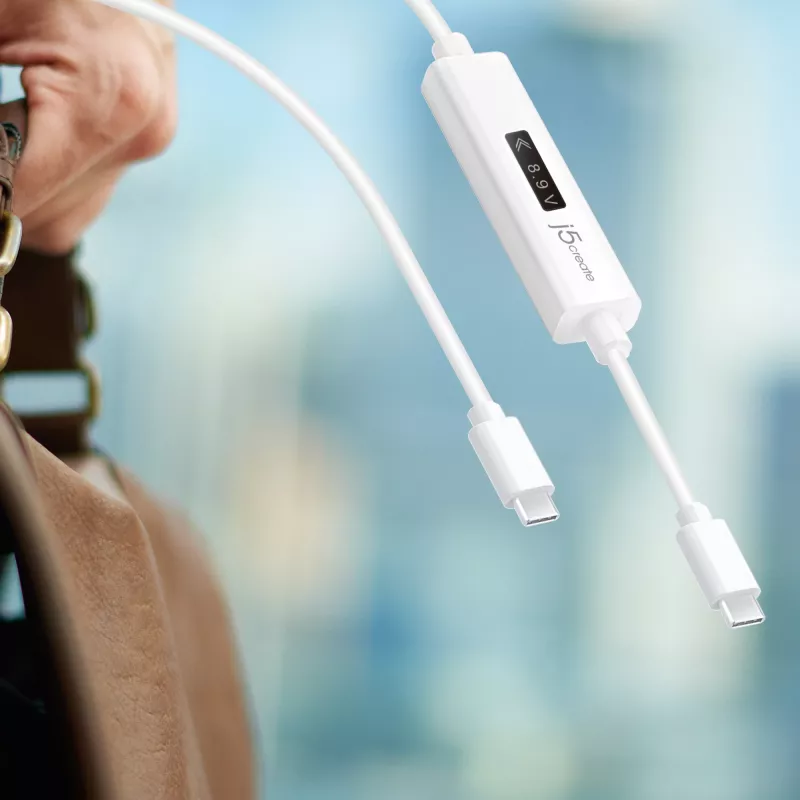 j5create JUCP14 cavo USB-C™ 2.0 a USB-C™ con misuratore di potenza OLED dinamico, bianco, 1,2 m