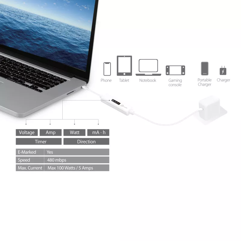 j5create JUCP14 cavo USB-C™ 2.0 a USB-C™ con misuratore di potenza OLED dinamico, bianco, 1,2 m