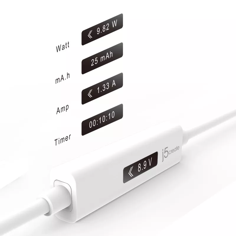 j5create JUCP14 cavo USB-C™ 2.0 a USB-C™ con misuratore di potenza OLED dinamico, bianco, 1,2 m