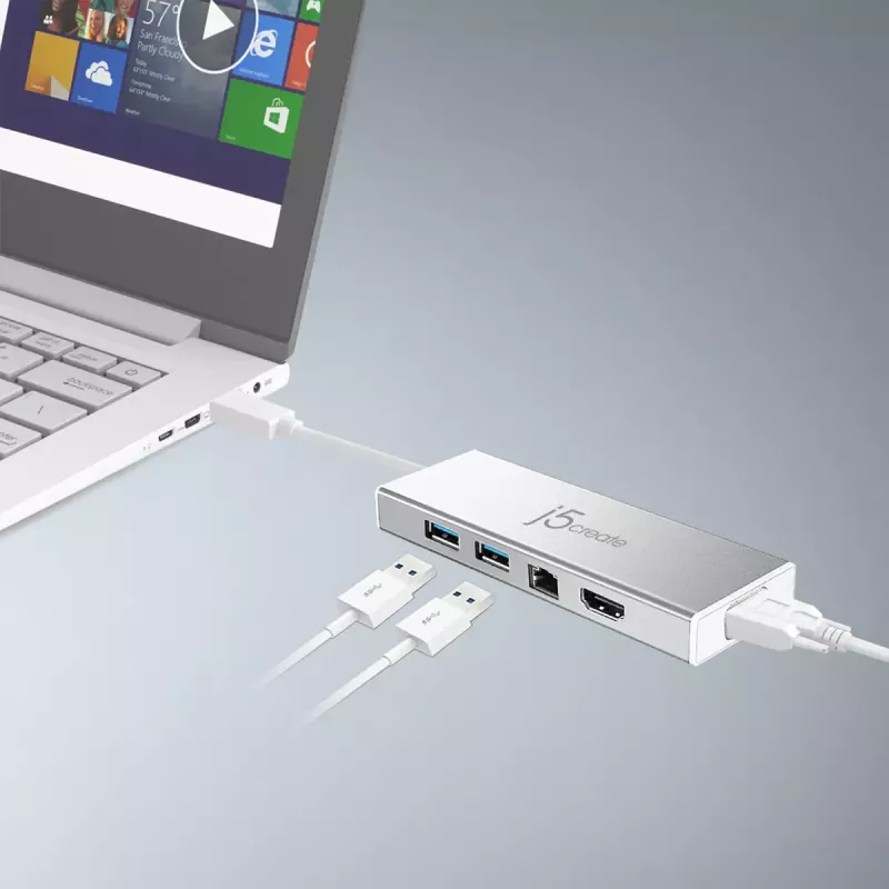 j5create JUD380 mini dock USB™ 3.0, 1x HDMI e 3x porte USB, argento