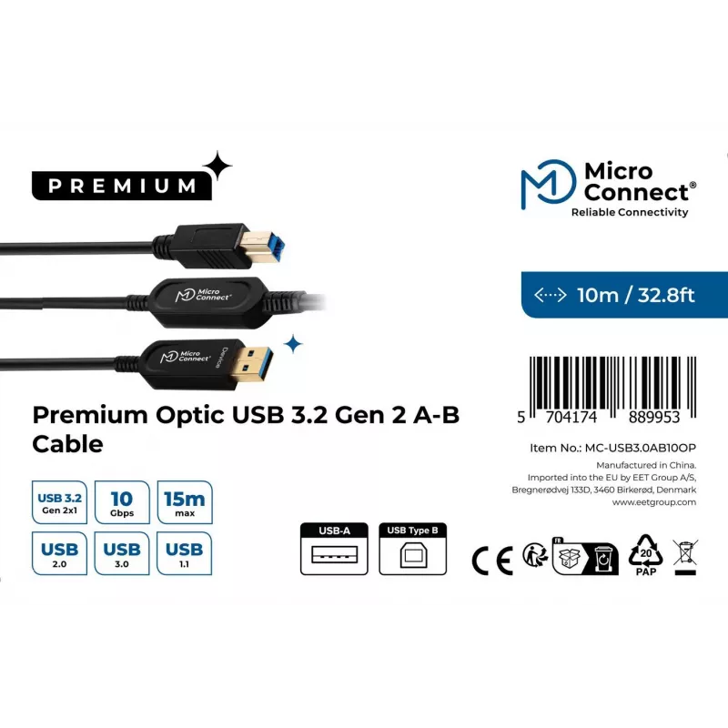 Microconnect MC-USB3.0AB10OP cavo USB USB 3.2 Gen 2 (3.1 Gen 2) 10 m USB A USB B nero