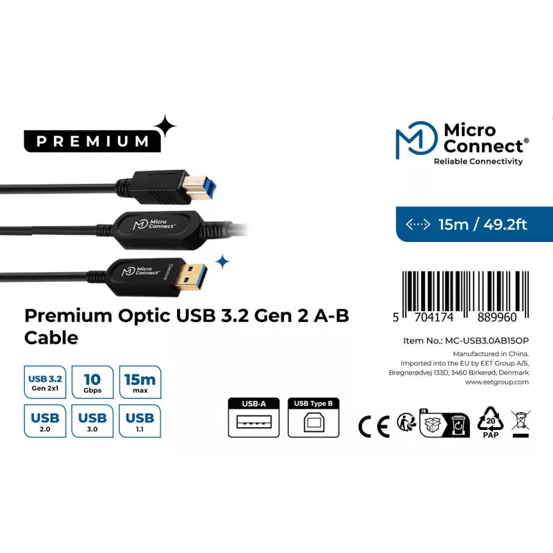 Microconnect MC-USB3.0AB15OP cavo USB USB 3.2 Gen 2 (3.1 Gen 2) 15 m USB A USB B nero