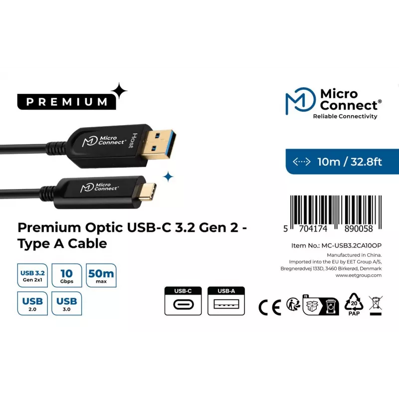 Microconnect MC-USB3.2CA10OP cavo USB USB 3.2 Gen 2 (3.1 Gen 2) 10 m USB-A USB-C nero