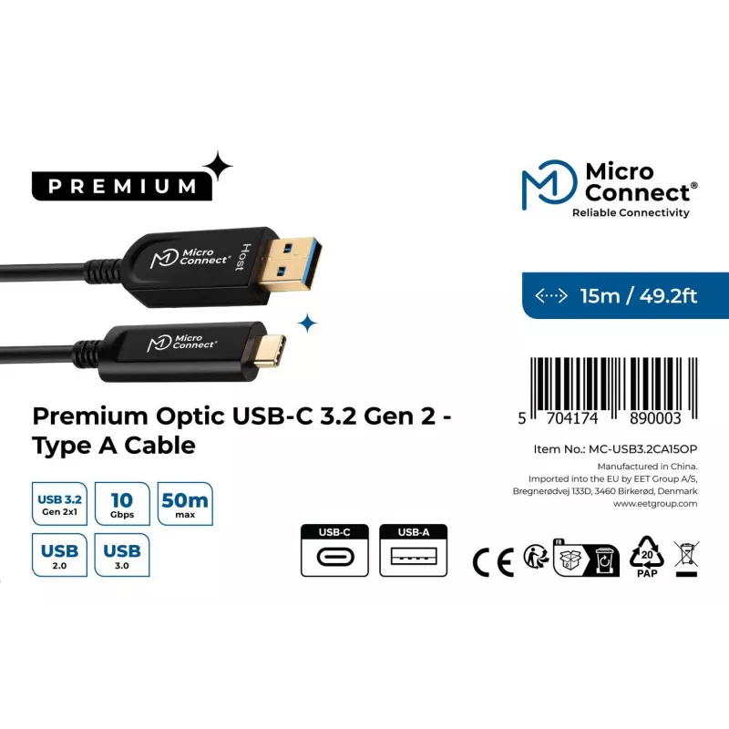 Microconnect MC-USB3.2CA15OP cavo USB USB 3.2 Gen 2 (3.1 Gen 2) 15 m USB A USB C nero