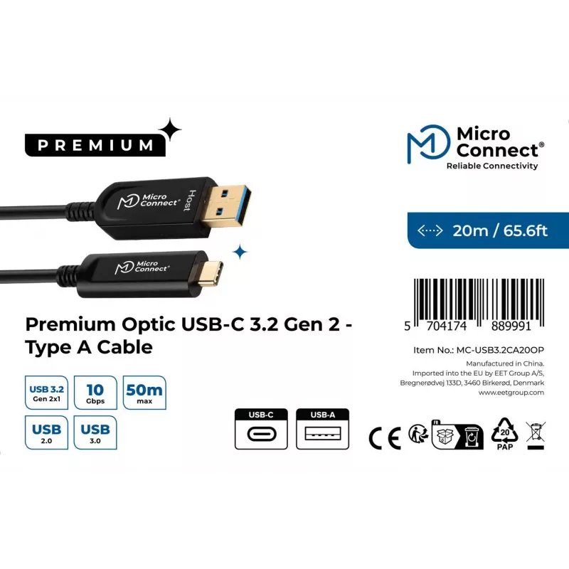 Microconnect MC-USB3.2CA20OP cavo USB USB 3.2 Gen 2 (3.1 Gen 2) 20 m USB A USB C nero