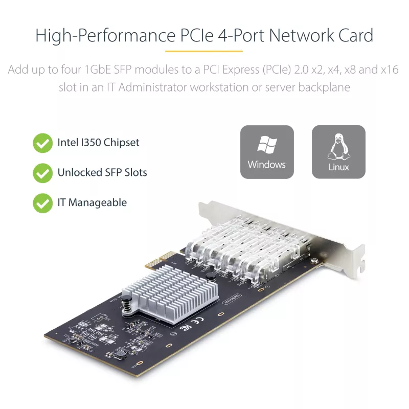 StarTech.com Scheda di rete 4 porte GbE SFP, PCIe 2.0 x2 (compatibile x4, x8, x16), controller Intel I350-AM4 4x 1GbE, 1000BASE rame/fibra, NIC Gigabit Ethernet quad-port desktop/server - Windows e Linux