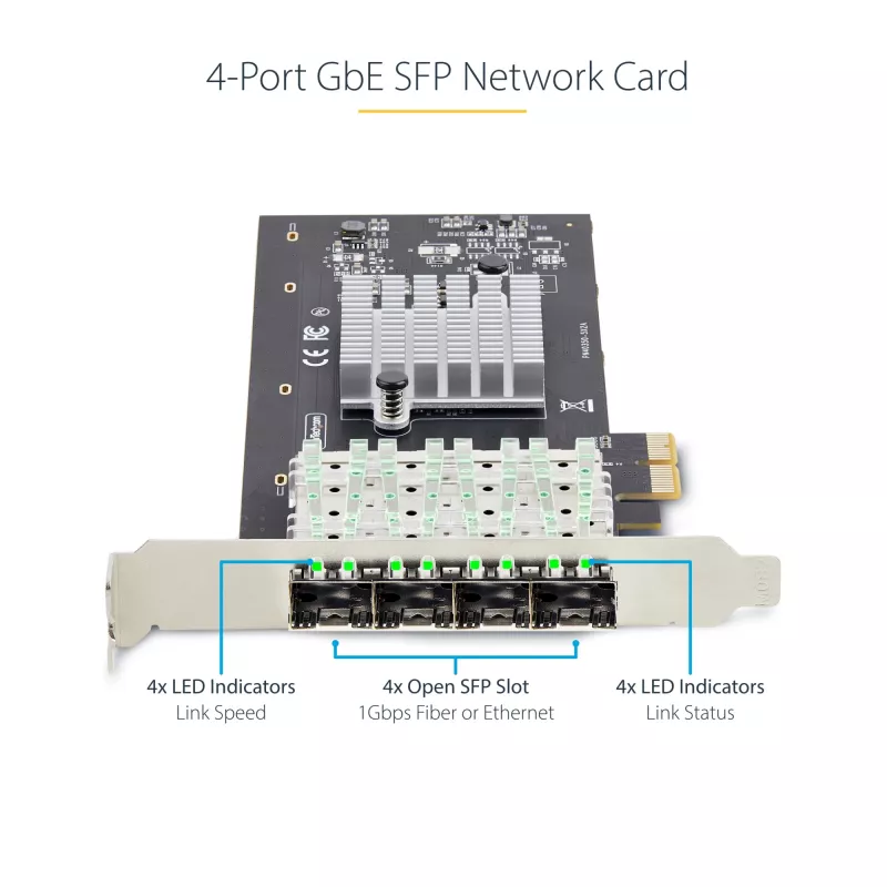 StarTech.com Scheda di rete 4 porte GbE SFP, PCIe 2.0 x2 (compatibile x4, x8, x16), controller Intel I350-AM4 4x 1GbE, 1000BASE rame/fibra, NIC Gigabit Ethernet quad-port desktop/server - Windows e Linux