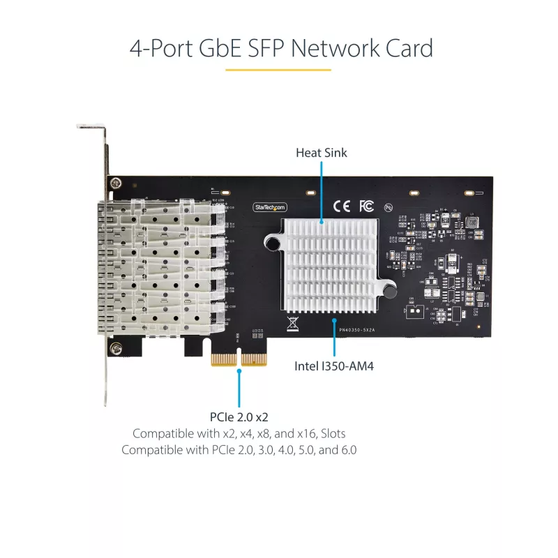 StarTech.com Scheda di rete 4 porte GbE SFP, PCIe 2.0 x2 (compatibile x4, x8, x16), controller Intel I350-AM4 4x 1GbE, 1000BASE rame/fibra, NIC Gigabit Ethernet quad-port desktop/server - Windows e Linux