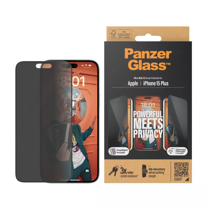 PanzerGlass ® Privacy Screen Protector iPhone 15 Plus | Ultra-Wide Fit con EasyAligner