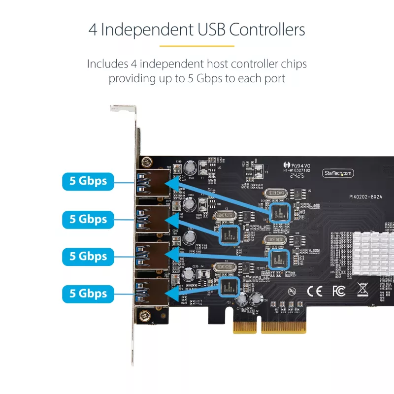 StarTech.com scheda PCIe USB 4 porte, USB 3.2 5 Gbit/s, scheda di espansione PCI Express con 4 controller USB indipendenti, 4 porte USB-A, Windows/macOS/Linux