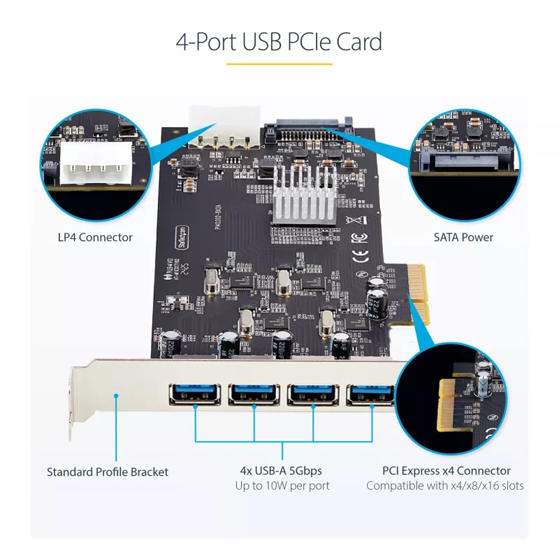 StarTech.com scheda PCIe USB 4 porte, USB 3.2 5 Gbit/s, scheda di espansione PCI Express con 4 controller USB indipendenti, 4 porte USB-A, Windows/macOS/Linux