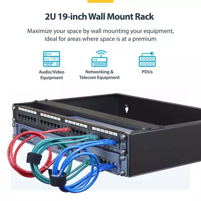 Armadio di rete a parete StarTech.com 2U – profondità 14 pollici (low profile) – supporto patch panel 19 pollici per server piatti, dispositivi IT, switch di rete – portata 35 kg, nero