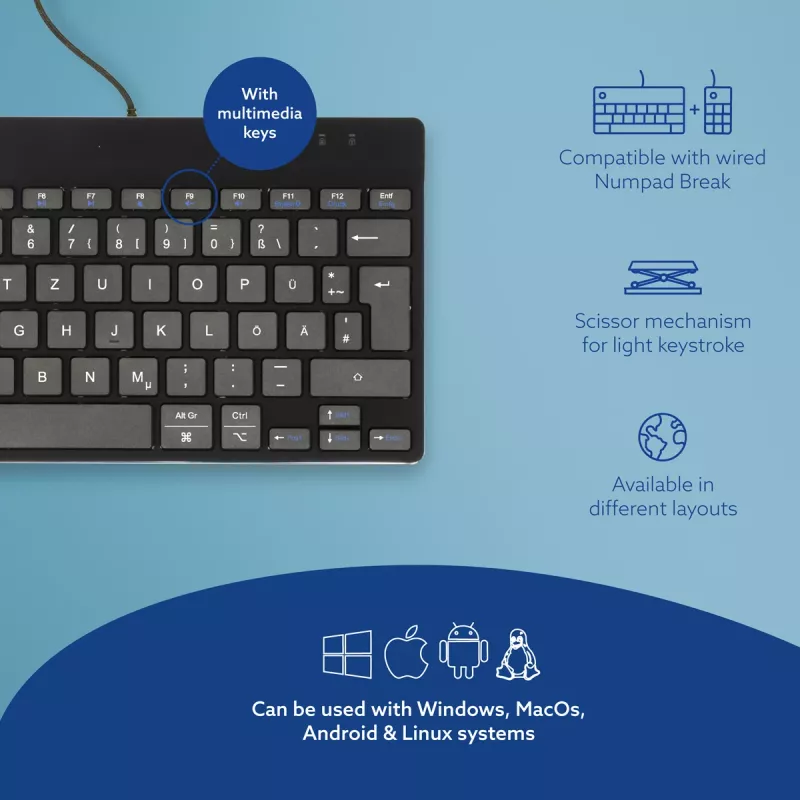Tastiera ergonomica R-Go Tools R-Go Compact Break, tastiera compatta con software per le pause, QWERTZ (DE), con filo, nero