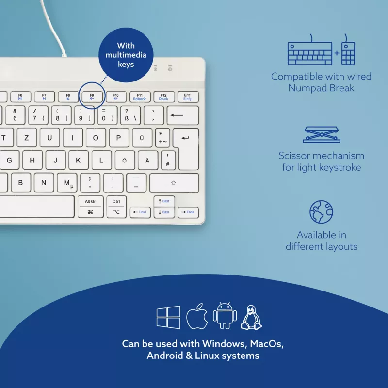 Tastiera ergonomica R-Go Tools R-Go Compact Break, tastiera compatta con software per le pause, QWERTZ (DE), con filo, bianco