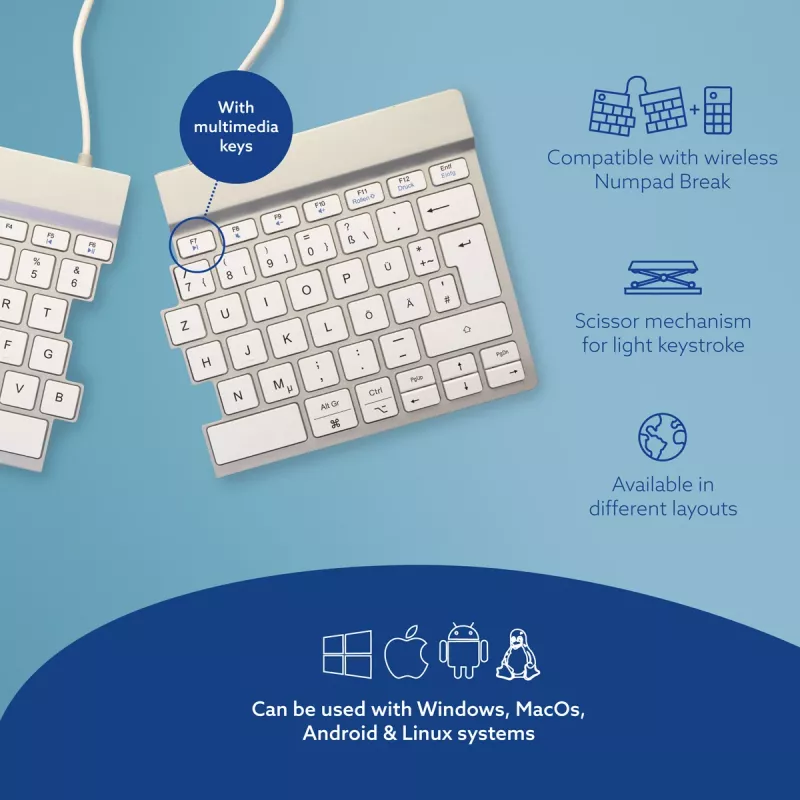 Tastiera ergonomica R-Go Tools R-Go Split Break con software per le pause, tastiera ergonomica divisa, QWERTZ (DE), Bluetooth, bianco