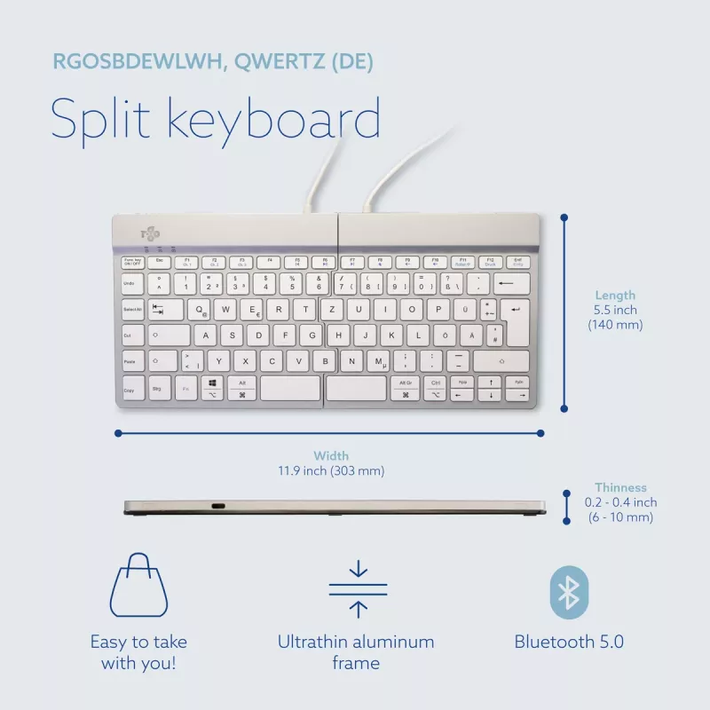 Tastiera ergonomica R-Go Tools R-Go Split Break con software per le pause, tastiera ergonomica divisa, QWERTZ (DE), Bluetooth, bianco