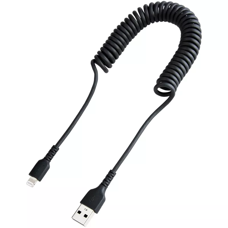 Cavo USB a Lightning StarTech.com 1 m (3 ft), certificato MFi, cavo di ricarica iPhone a spirale, nero, guaina TPE resistente in fibra aramidica, robusto cavo a spirale Lightning