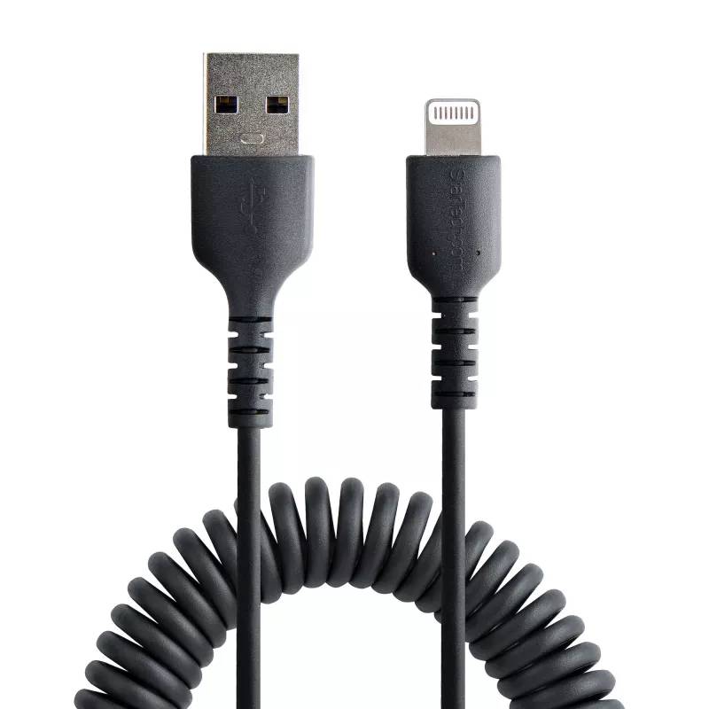 Cavo USB a Lightning StarTech.com 1 m (3 ft), certificato MFi, cavo di ricarica iPhone a spirale, nero, guaina TPE resistente in fibra aramidica, robusto cavo a spirale Lightning